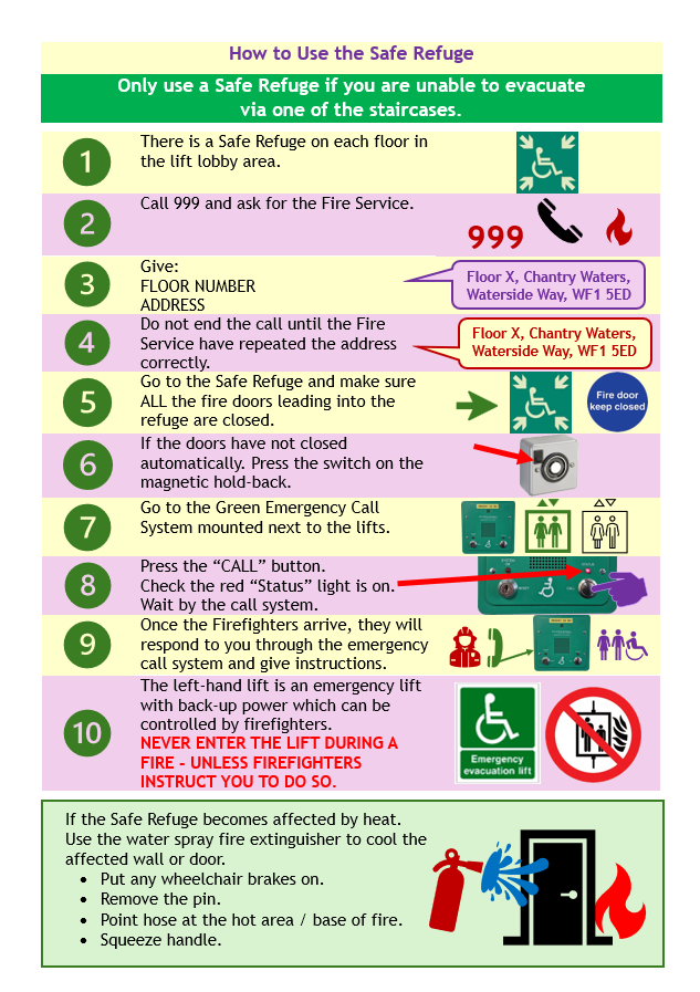 How to Use the Safe Refuge
Only use a Safe Refuge if you are unable to evacuate via one of the staircases.
There is a Safe Refuge on each floor in the lift lobby area. 
Call 999 and ask for the Fire Service. 
Give the FLOOR NUMBER and ADDRESS. Do not end the call until the Fire Service have repeated the address correctly.
Go to the Safe Refuge and make sure ALL the fire doors leading into the refuge are closed.
If the doors have not closed automatically. Press the switch on the magnetic hold-back.
Go to the Green Emergency Call System mounted next to the lifts. 
Press the “CALL” button.
Check the red “Status” light is on.
Wait by the call system. Once the Firefighters arrive, they will respond to you through the emergency call system and give instructions.
The left-hand lift is an emergency lift with back-up power which can be controlled by firefighters.
NEVER ENTER THE LIFT DURING A FIRE - UNLESS FIREFIGHTERS INSTRUCT YOU TO DO SO. f the Safe Refuge becomes affected by heat. Use the water spray fire extinguisher to cool the affected wall or door. 
Put any wheelchair brakes on.
Remove the pin.
Point hose at the hot area / base of fire.
Squeeze handle.